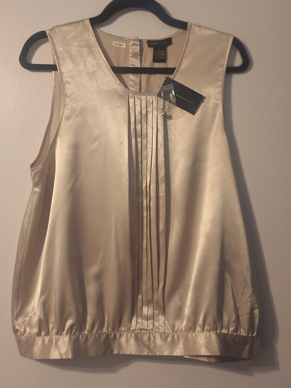 BCBGMaxAzria Champagne Satin Pleated Sleeveless Top